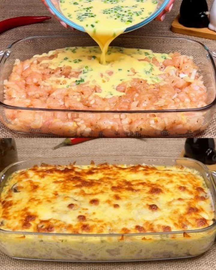 Hähnchen mit Zwiebeln und Sahne auf einem Teller serviert