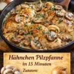Hähnchen Pilzpfanne mit frischen Zutaten in einer Pfanne zubereitet.