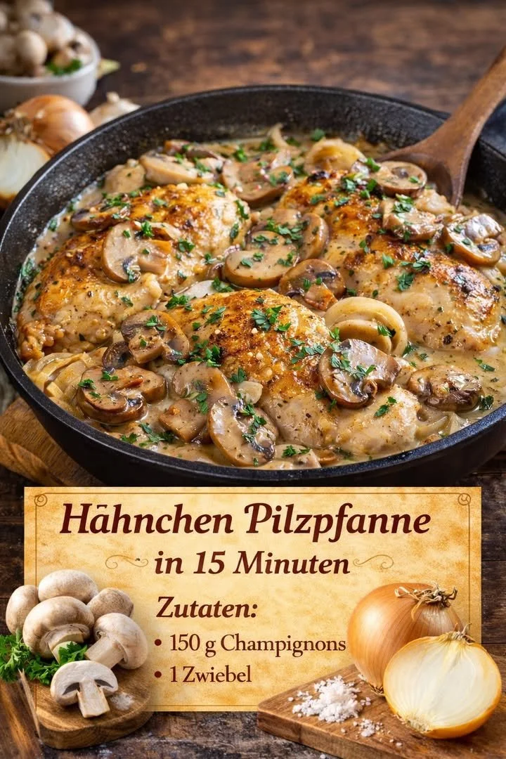 Hähnchen Pilzpfanne mit frischen Zutaten in einer Pfanne zubereitet.