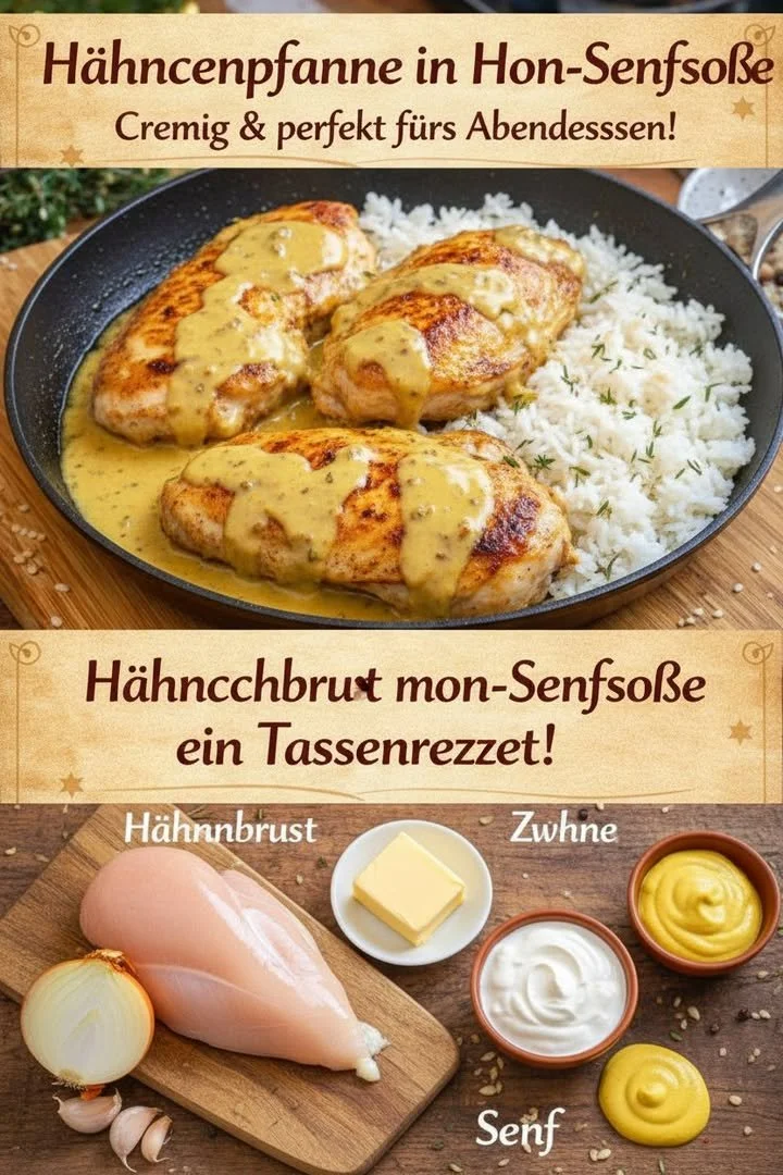 Hähnchenpfanne in Honig-Senfsoße serviert auf einem Teller