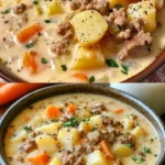 Eine schmackhafte Hamburger-Suppe in einer Schüssel garnished mit frischen Kräutern.