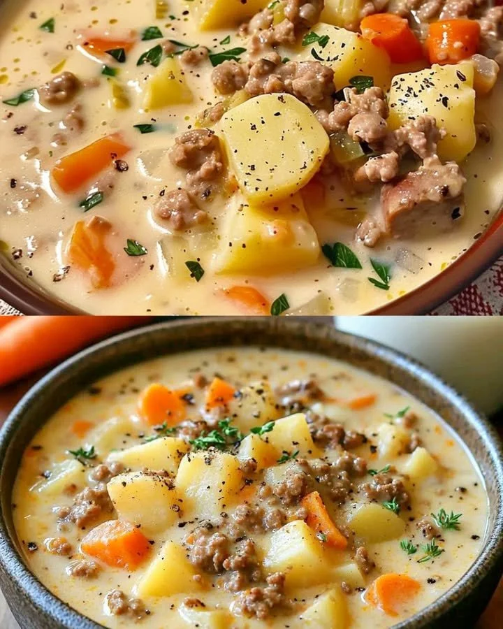 Eine schmackhafte Hamburger-Suppe in einer Schüssel garnished mit frischen Kräutern.