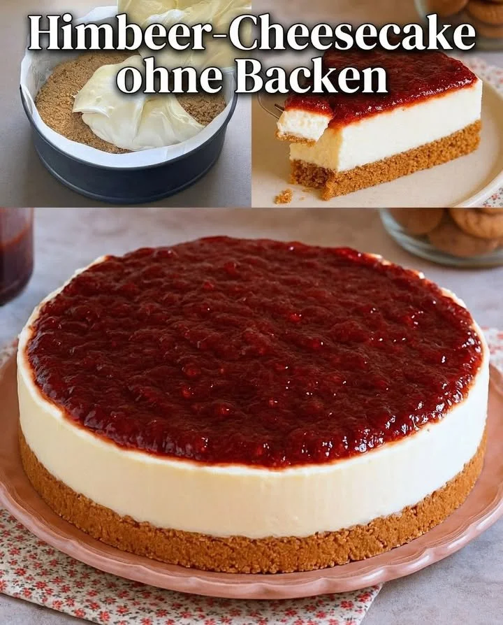 Himbeer-Creme-Kuchen mit frischen Himbeeren und cremiger Füllung.