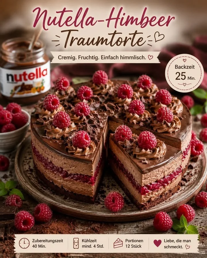 Himbeer-Nutella-Torte mit frischen Himbeeren und schokoladiger Nutella-Creme