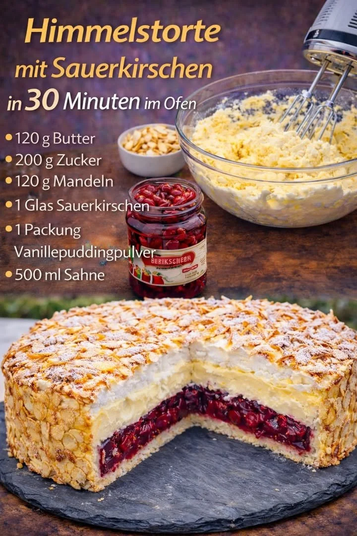 Himmelstorte mit Sauerkirschen - ein köstliches, himmlisches Dessert.