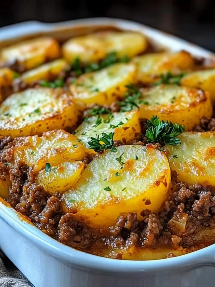 Hobo Casserole mit Hackfleisch und Kartoffeln serviert in einer Auflaufform