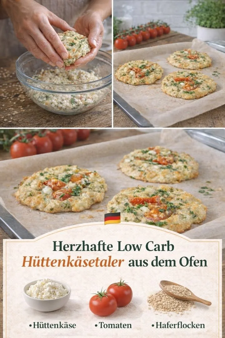 Leckere Hüttenkäsetaler auf einem Teller, serviert mit frischen Kräutern.