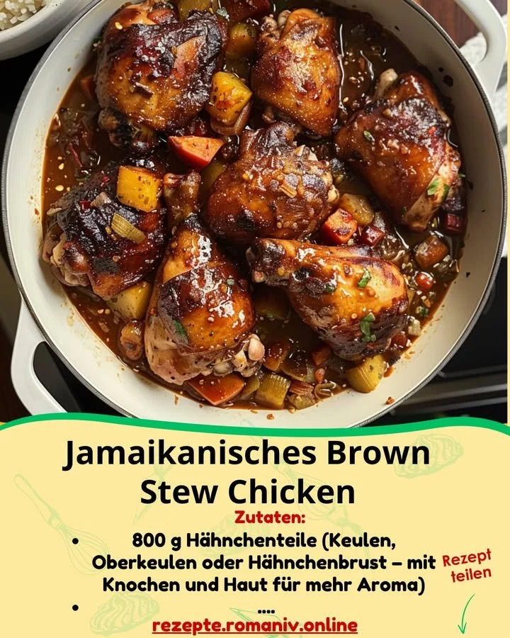 Jamaikanisches Braunes Eintopf-Hühnchen in einer bunten Schüssel serviert.
