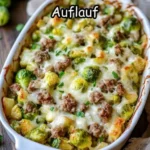 Leckere Portion Kartoffel Rosenkohl Auflauf frisch serviert.