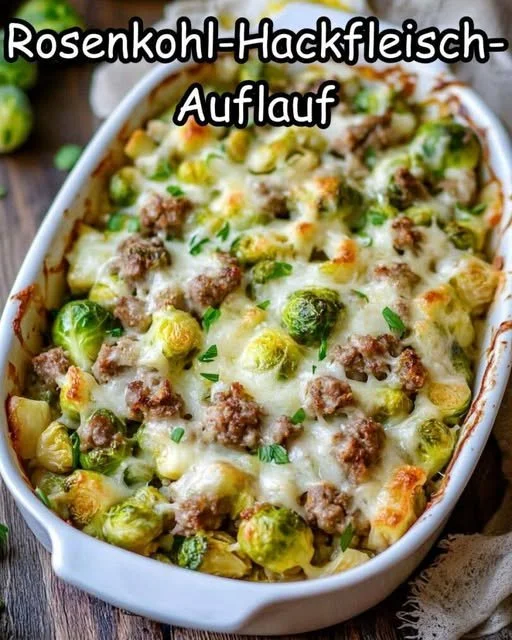Leckere Portion Kartoffel Rosenkohl Auflauf frisch serviert.