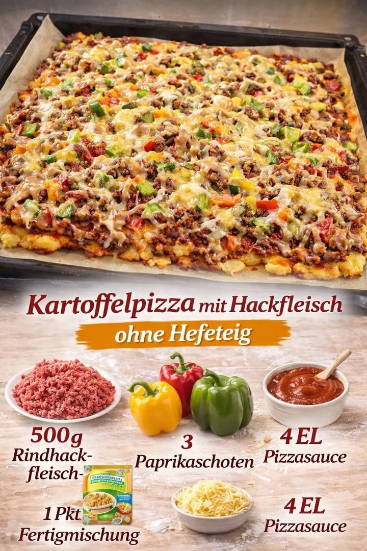 Kartoffelpizza mit Hackfleisch auf einem Teller serviert
