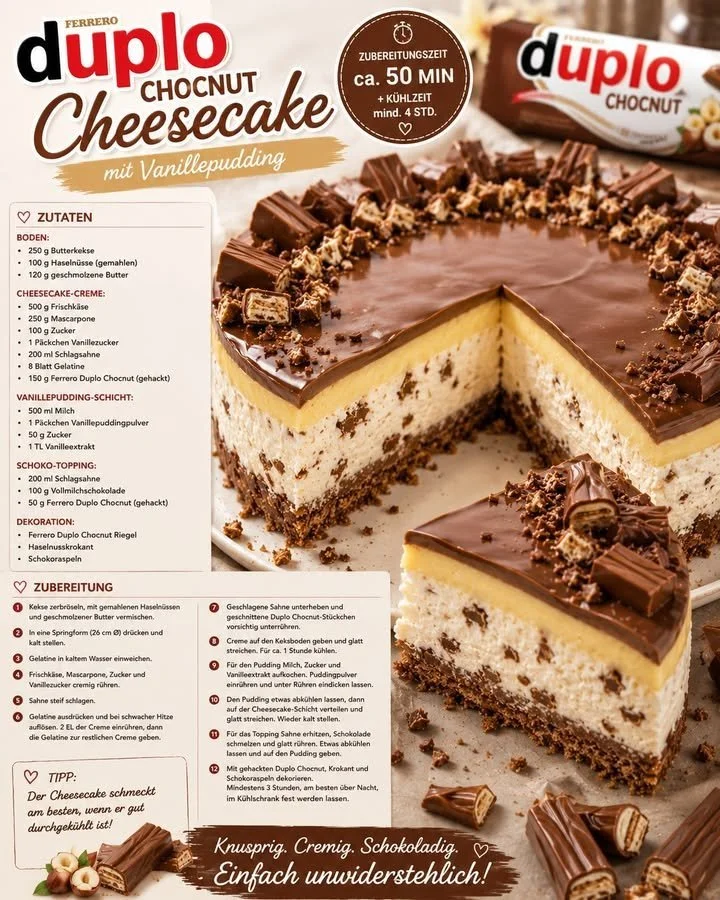 Käsekuchen Ferrero Duplo Chocnut mit Vanillepudding auf einem Teller