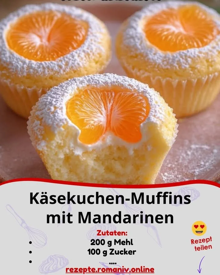 Leckere Käsekuchen-Muffins mit Mandarinen auf einem Teller serviert