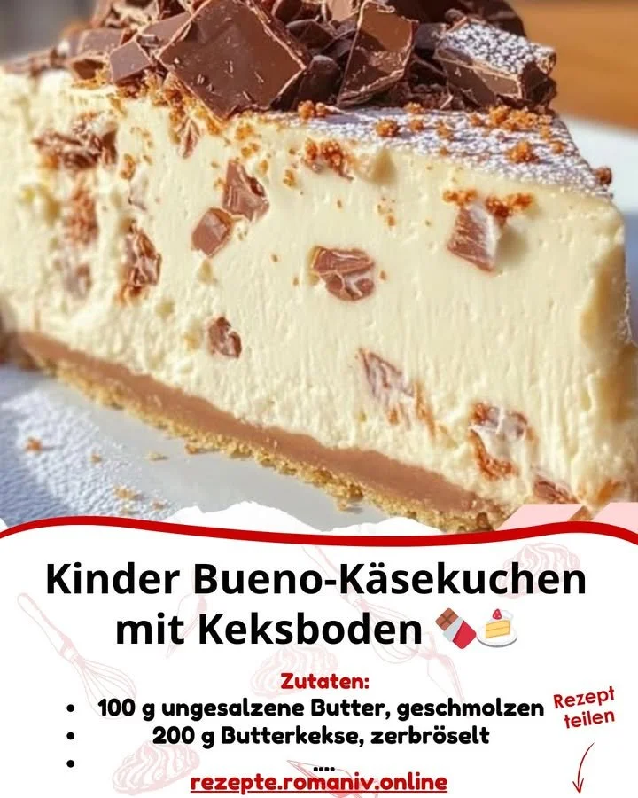 Köstlicher Kinder Bueno Cheesecake mit Keksboden auf einem Teller