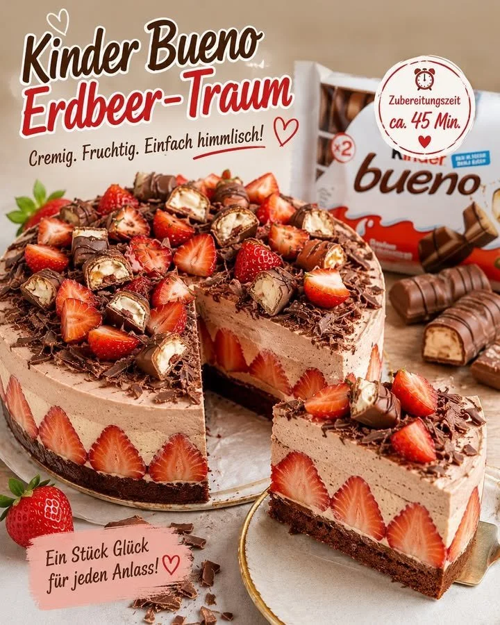 Kinder Bueno Erdbeertraum Dessert mit frischen Erdbeeren und Schokolade