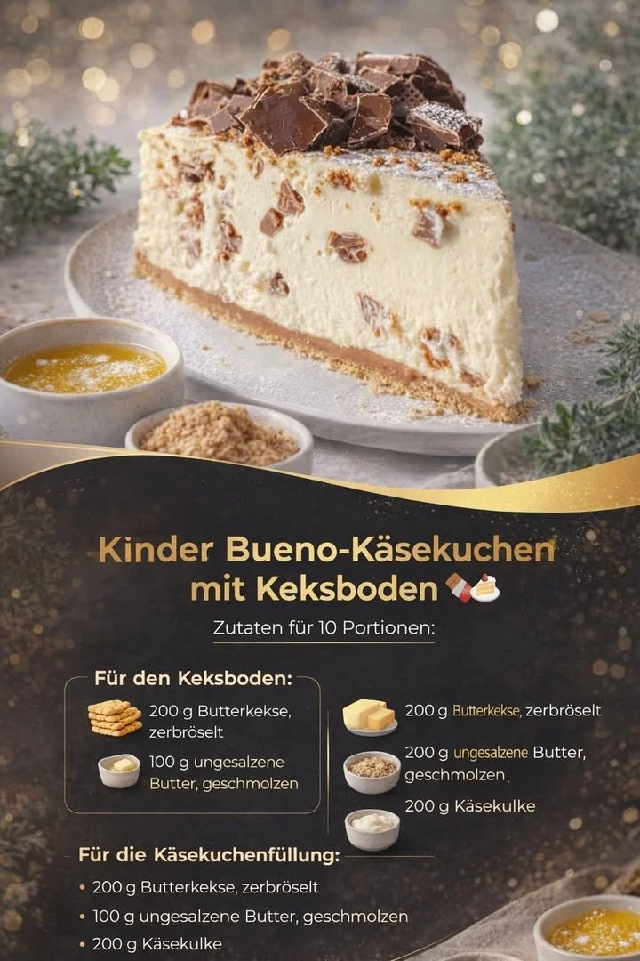 Kinder Bueno-Käsekuchen mit schokoladiger Soße und Keksboden
