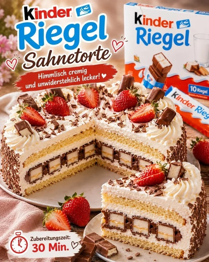 Köstliche Kinder Riegel Sahnetorte mit Schokolade und Sahne, perfekt für Naschkatzen.