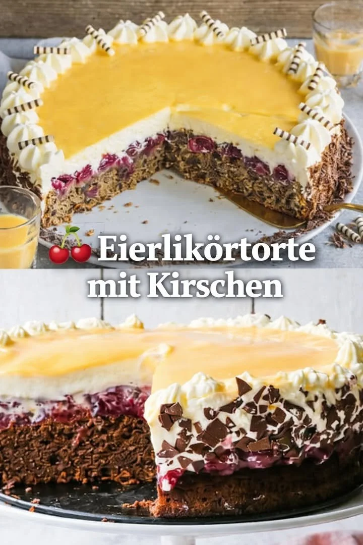 Kirschtorte mit Eierlikör in einer eleganten Torte auf einem Teller serviert.