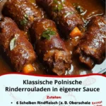 Klassische polnische Rinderrouladen in eigener Sauce serviert auf einem Teller.