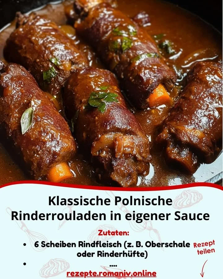 Klassische polnische Rinderrouladen in eigener Sauce serviert auf einem Teller.