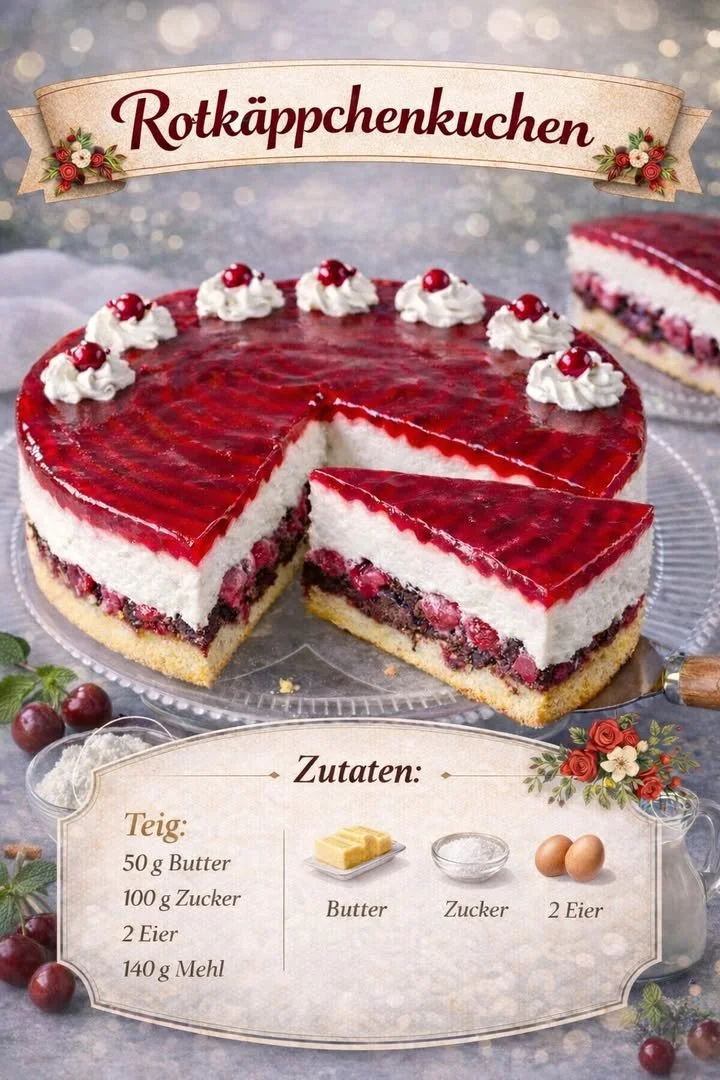 Klassischer Kuchen mit dunklem Boden und heller Creme auf einem Teller