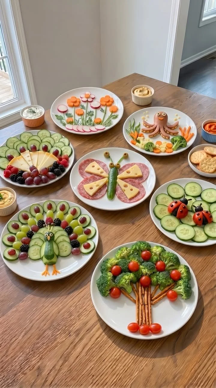 Kreative Kunstwerke aus frischem Gemüse und Obst auf einem festlich gedeckten Tisch.