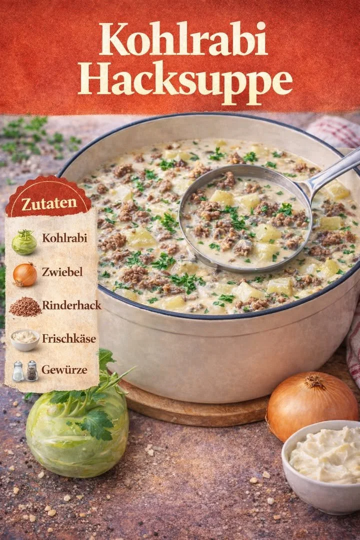Schüssel mit köstlicher Kohlrabi-Hacksuppe garniert mit frischen Kräutern.