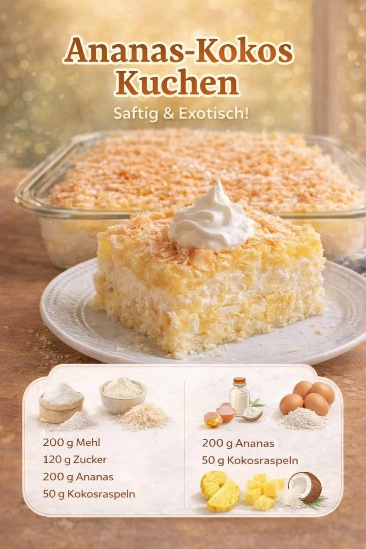 Kokos-Ananas-Kuchen auf einem Teller serviert mit frischen Ananasstücken.