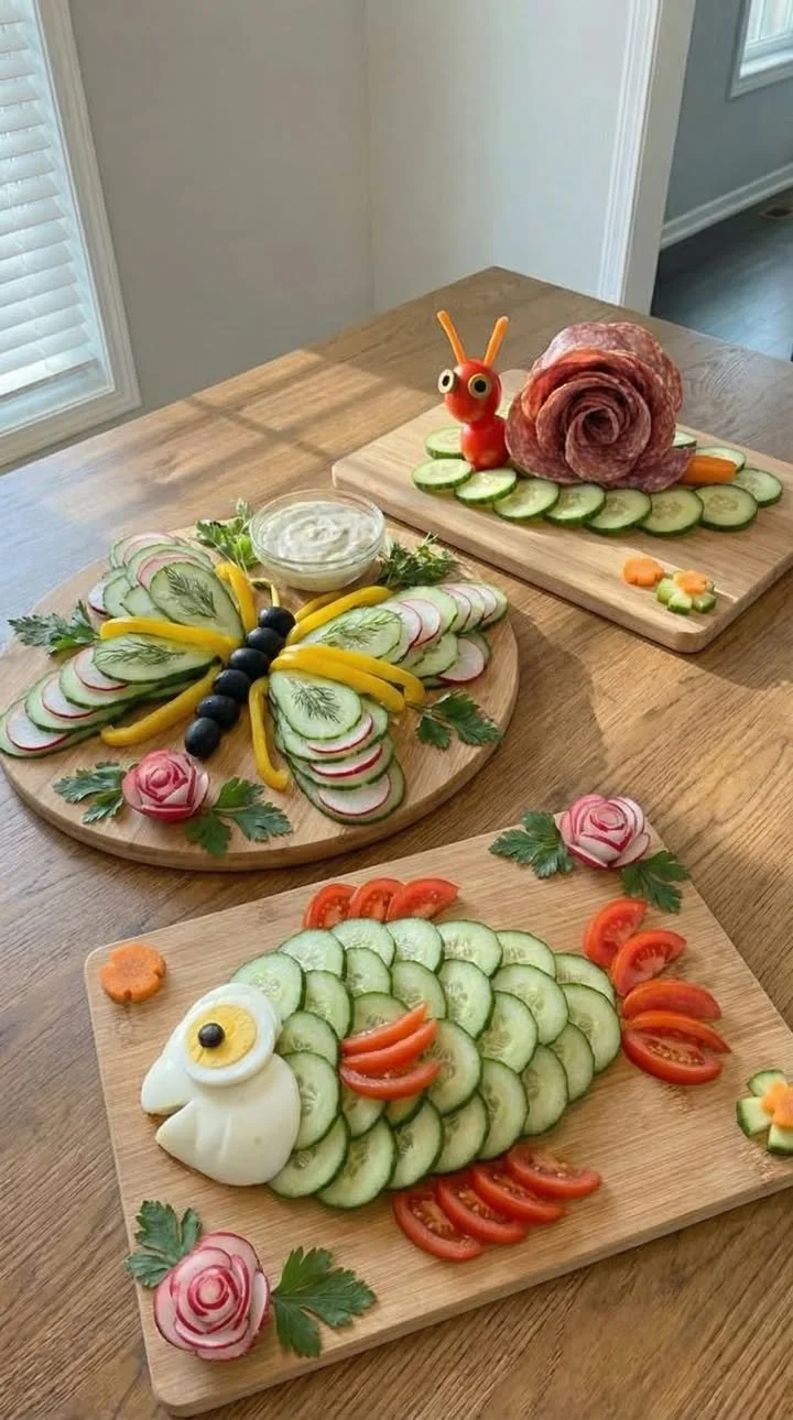 Kreative Brotzeit mit verschiedenen Käse- und Wurstsorten auf einer Holzplatte.