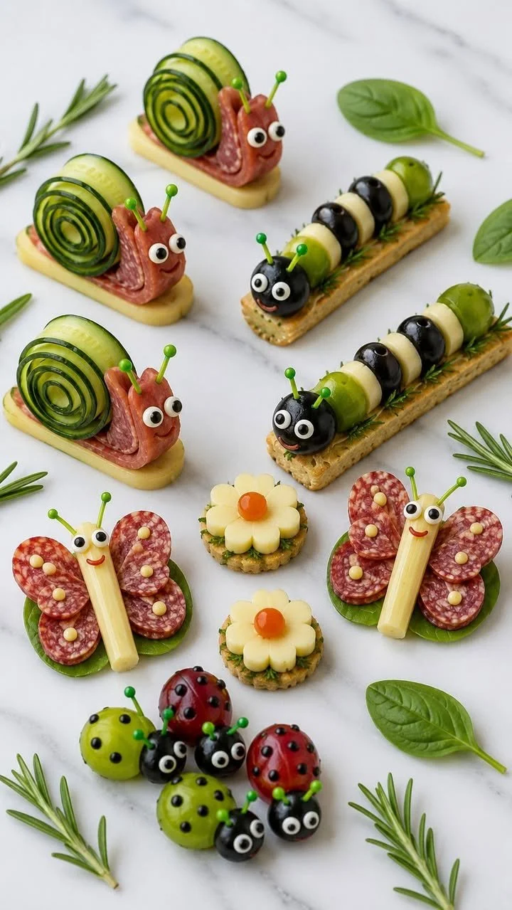 Bunte kreative Snack-Tiere aus Obst und Gemüse für Kinder