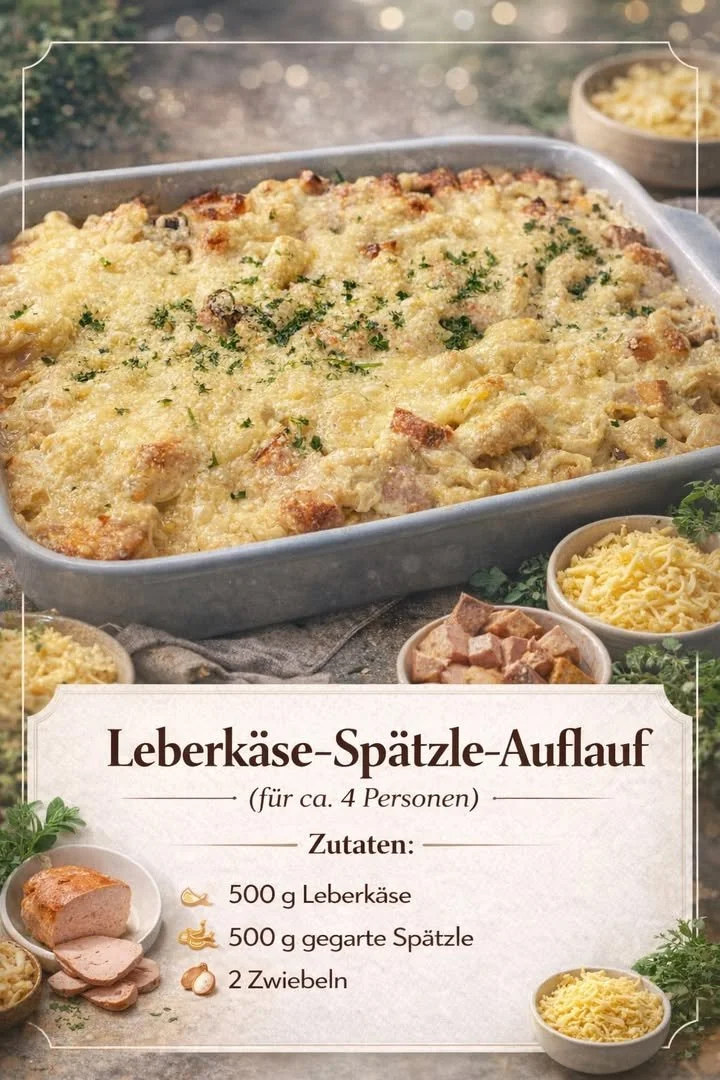Leberkäse-Spätzle-Auflauf mit Käse überbacken, serviert auf einem Teller