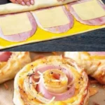 Leckere Blätterteig-Schnecken mit Schinken und Käse auf einem Teller