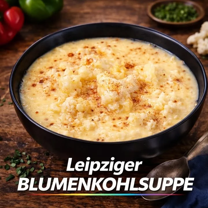 Schüssel mit Leipziger Blumenkohlsuppe, serviert mit frischen Kräutern