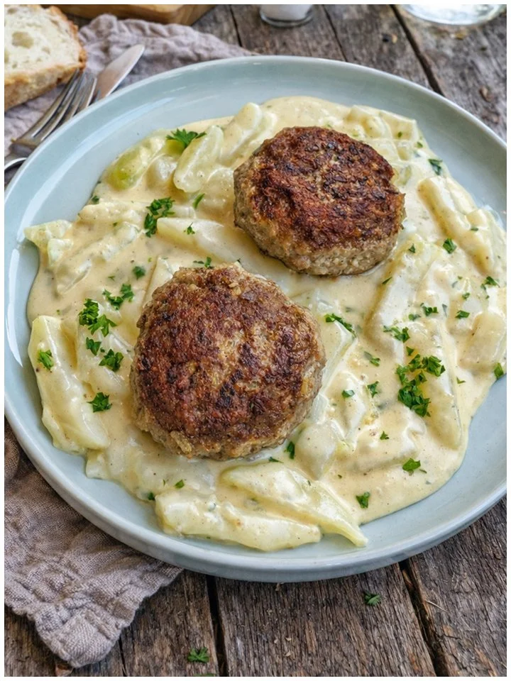 Kohlrabi-Gemüse in leichter Soße mit Fleischbällchen auf einem Teller serviert
