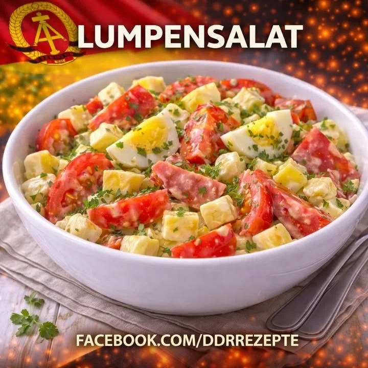 Lumpensalat mit Käse und Jagdwurst auf einem eleganten Teller serviert.