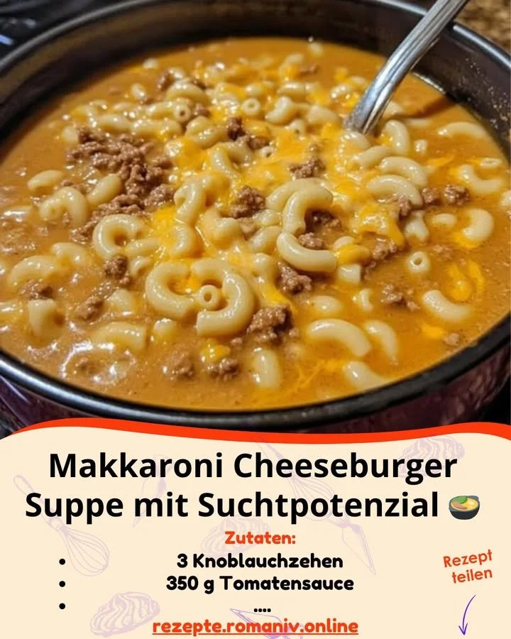 Schüssel mit Makkaroni-Cheeseburger-Suppe, verfeinert mit Käse und frischen Zutaten