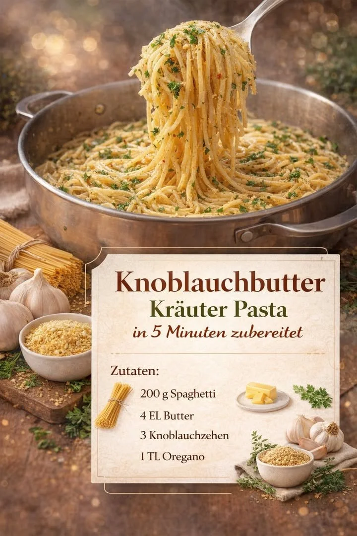 Ein einfaches Essen mit Butter und Knoblauch in einer Pfanne