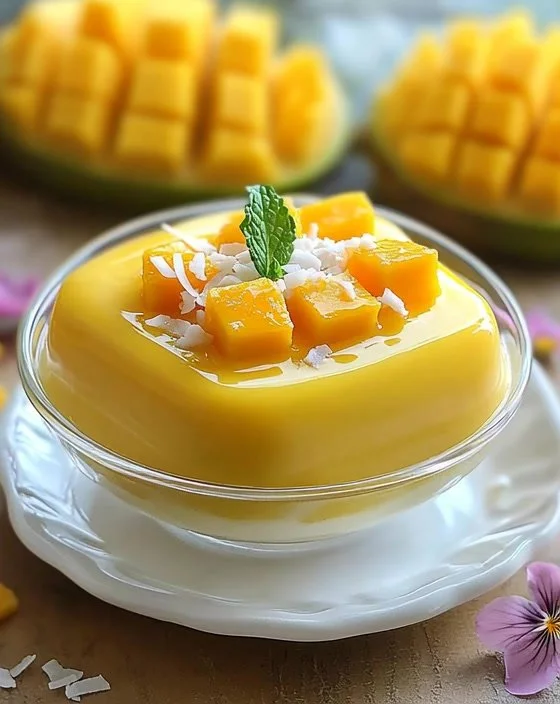 Cremiger Mango-Pudding mit frischen Mangostücken garniert