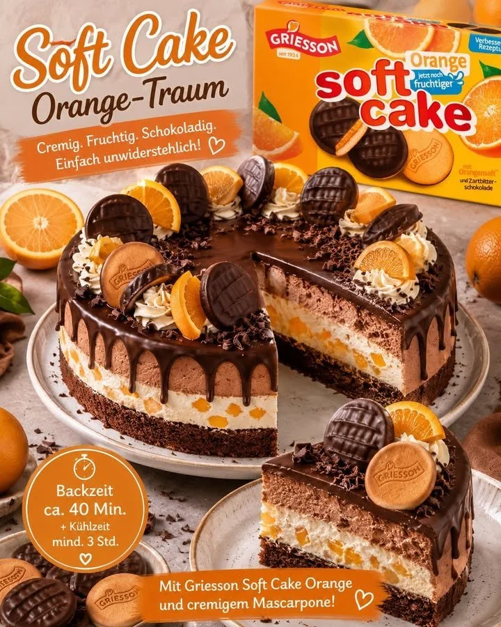 Griesson Soft Cake Mascarpone-Orangentorte auf einem Teller serviert
