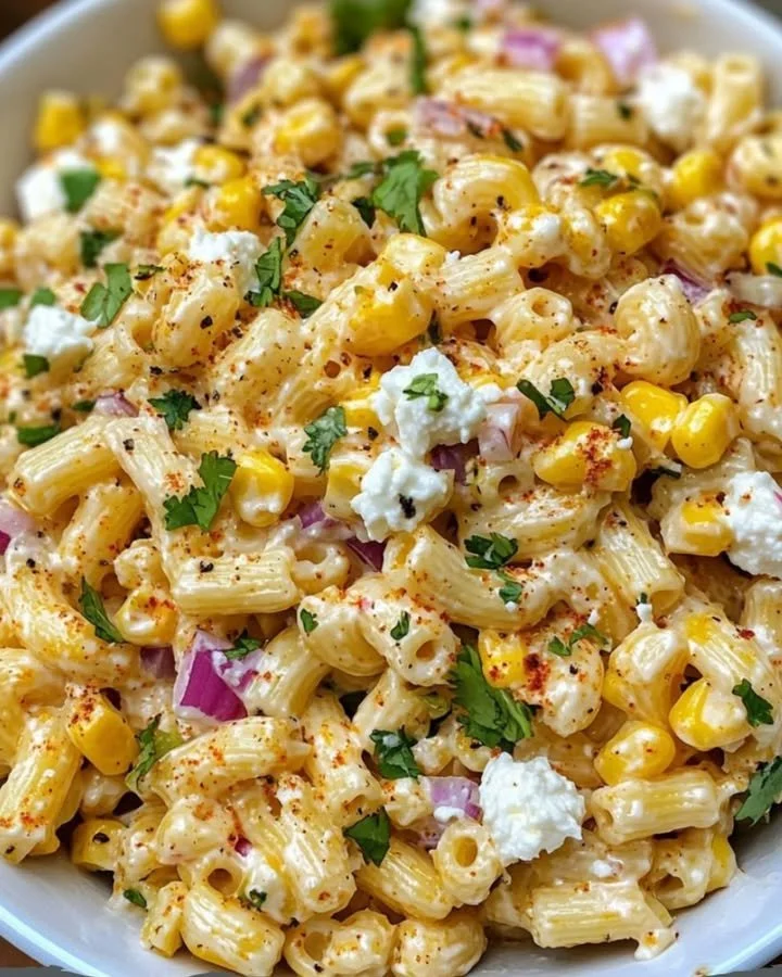 Eine Schüssel Mexikanischer Mais-Nudelsalat mit frischem Gemüse und Gewürzen