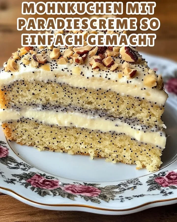 Mohnkuchen mit Paradiescreme auf einem Teller, verziert mit frischem Obst