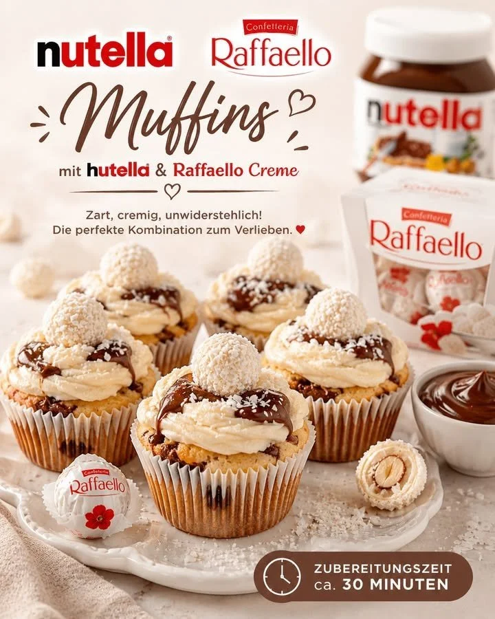 Leckere Muffin Nutella mit Raffaello dekoriert, frisch gebacken.