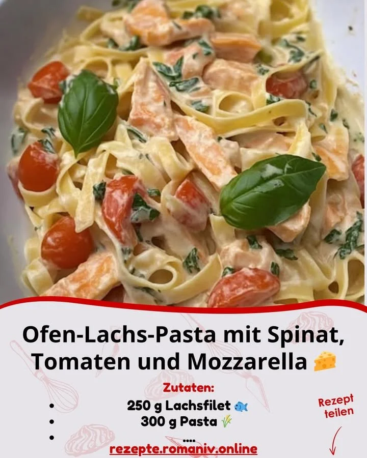 Ofen-Lachs-Pasta mit Spinat, Tomaten und Mozzarella auf einem Teller serviert