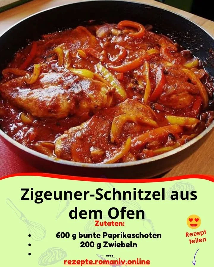 Ofen-Zigeuner-Schnitzel auf einem Teller serviert, garnierte mit frischen Kräutern