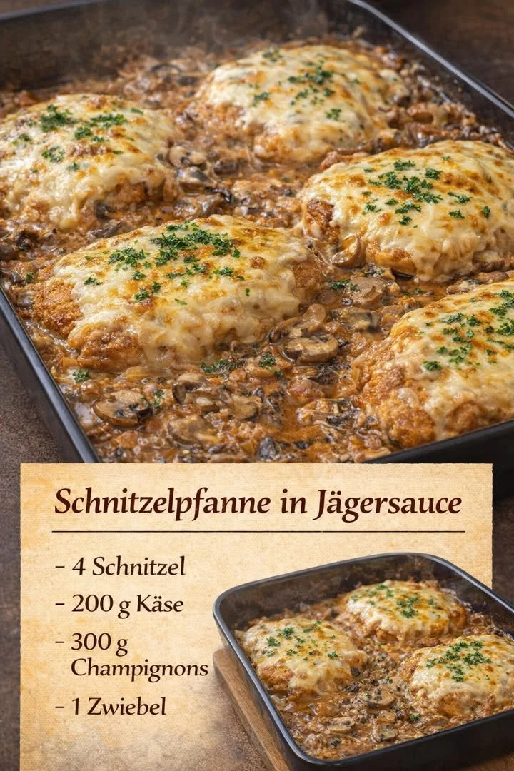 Leckeres Ofenschnitzel mit Soße und Käse frisch aus dem Ofen