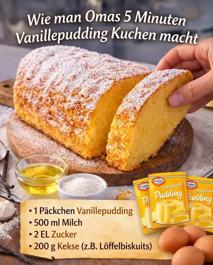Omas 5 Minuten Vanillepudding Kuchen auf einem Teller