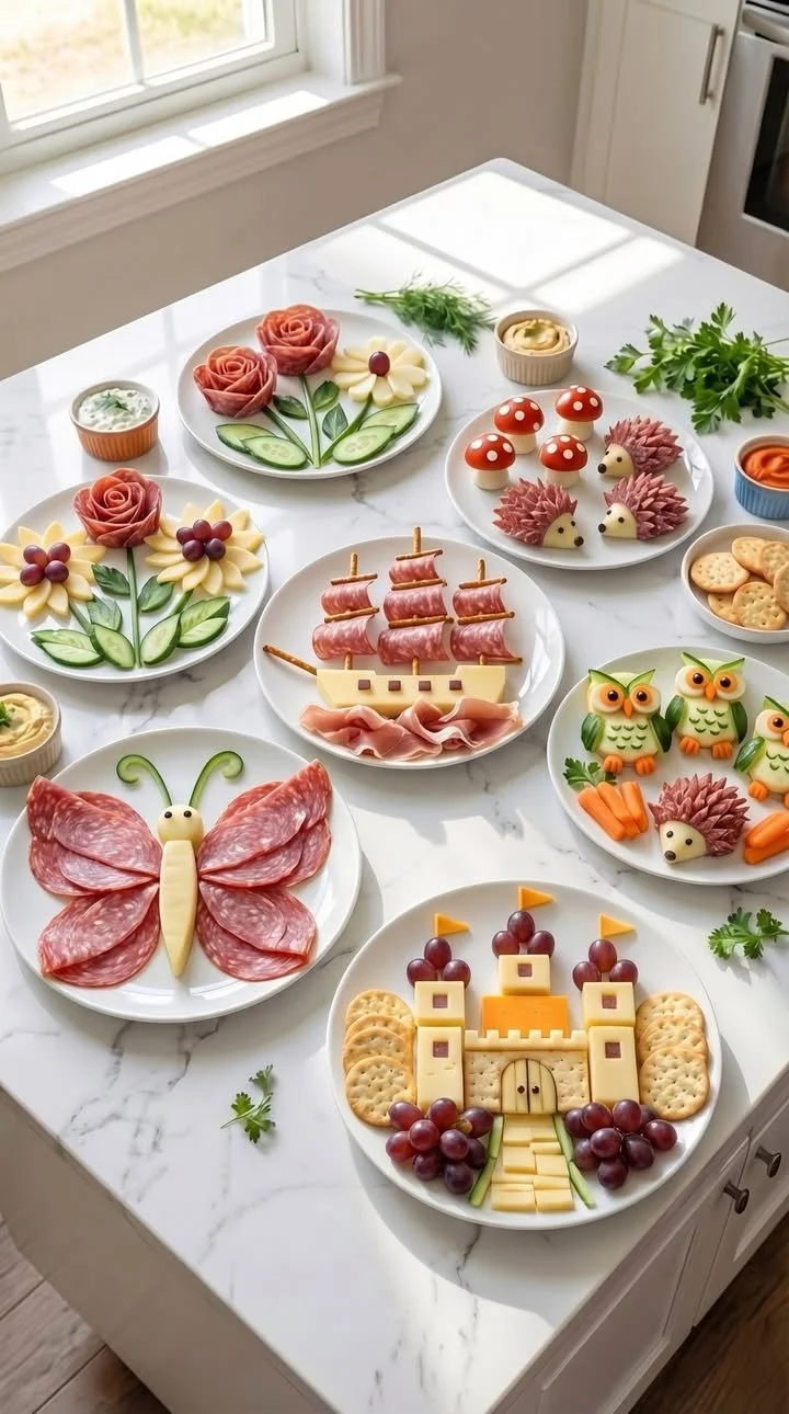 Kreative Snacks für die Snackzeit, einschließlich Salami-Rosen und Käse-Schlösser.