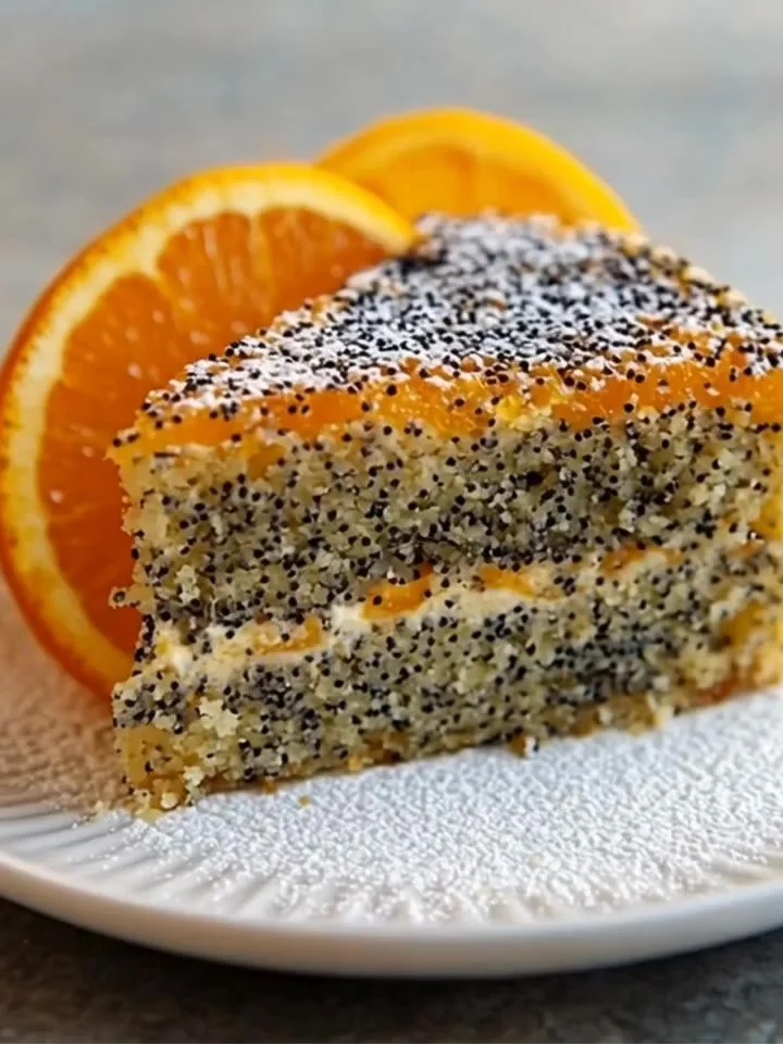 Leckerer Orangen-Mohn-Kuchen, frisch gebacken und dekoriert.