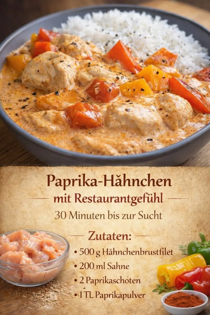 Paprika-Hähnchen mit bunten Paprika und Kräutern auf einem Teller