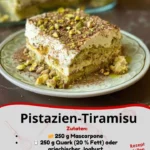Leckeres Pistazien-Tiramisu auf einem Teller mit Pistazien-Garnitur